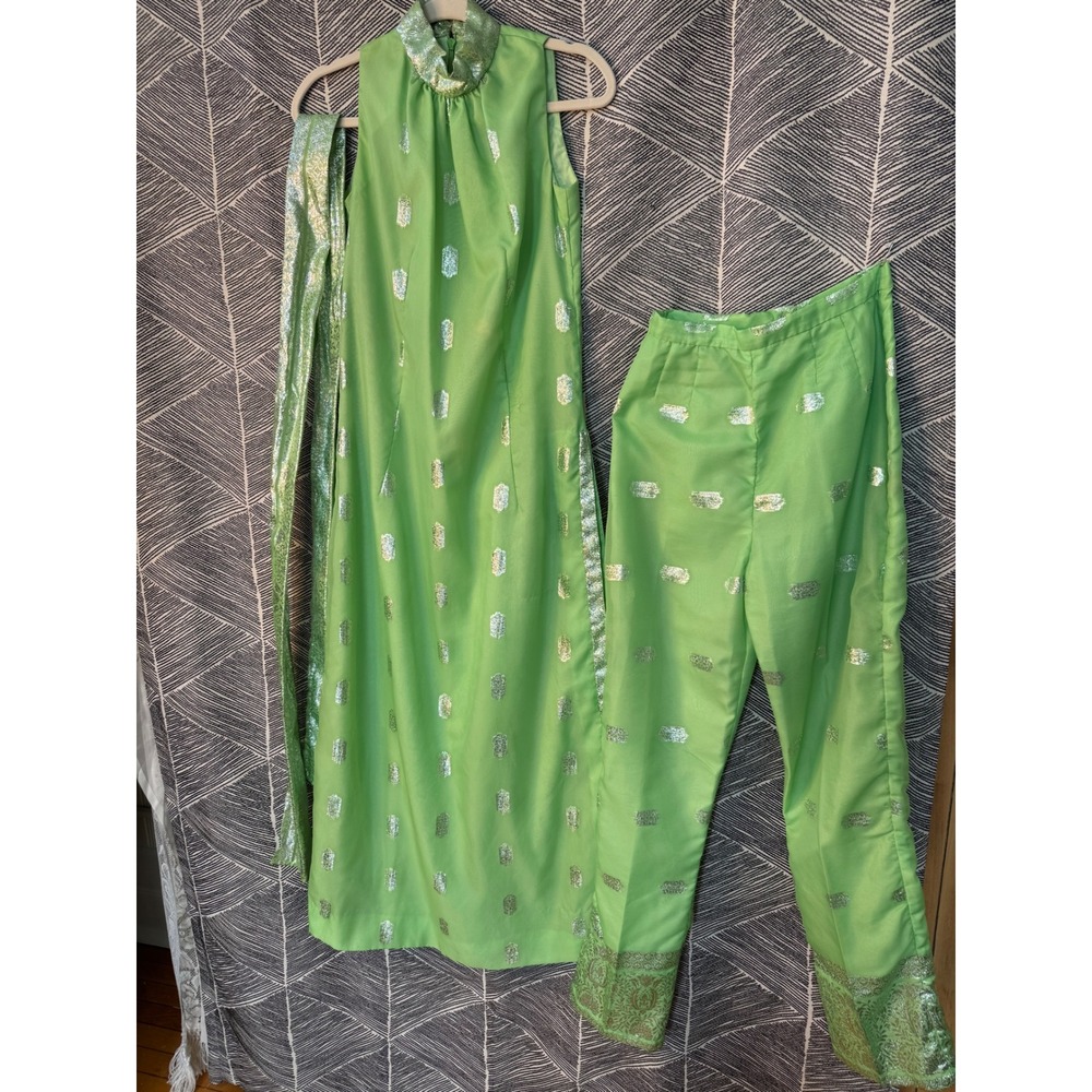 Vintage 70s Green & Silver Maxi Dress with Pants & Sash - Picture 5 of 8